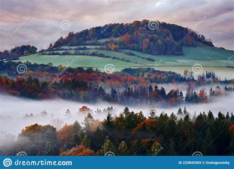 Czech Typical Autumn Landscape Hills And Forest With Foggy Morning