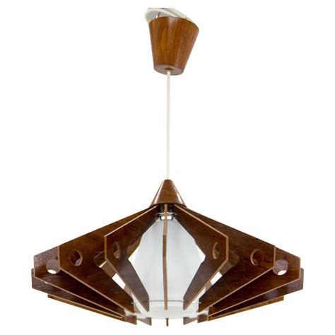 Mid Century Wood And Glass Chandelier By Dřevo Humpolec 1960s For