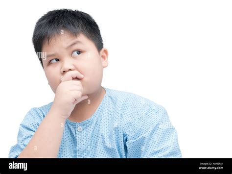 Obese Fat Asian Boy Thinking Isolated On White Background Emotion