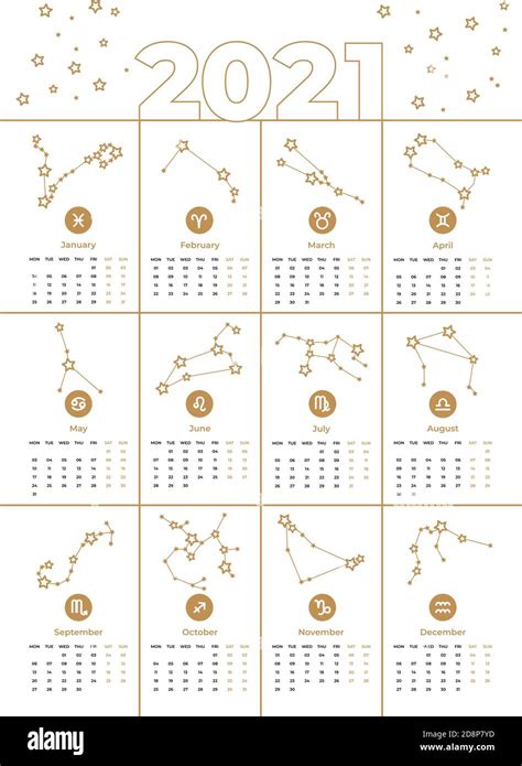 Vector Calendar 2021 Printable A3 Template Zodiac Signs Stars