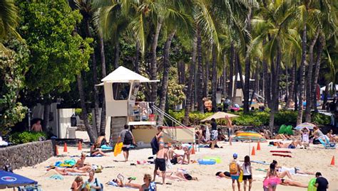 People Sunbathing On Waikiki Beach Stock Photo Download Image Now