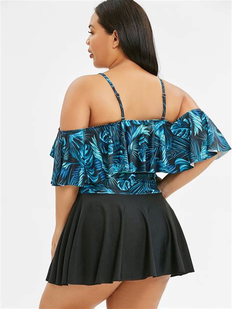 29 Off 2020 Plus Size Palm Print Cold Shoulder Two Piece Swimwear In