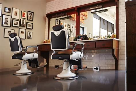 Two Barbering Chairs Oak Stations And American Crew Imagery Set A
