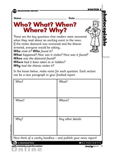 Use this handy activity to guide your ks2 children through their newspaper report planning. features of news paper report for kids - Google Search ...