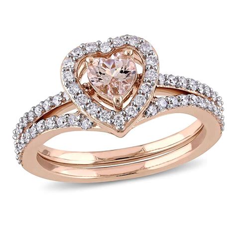 Delmar Jewelers 0 99ctw Morganite And Diamond Heart Design Engagement Ring And Wedding Band 10k