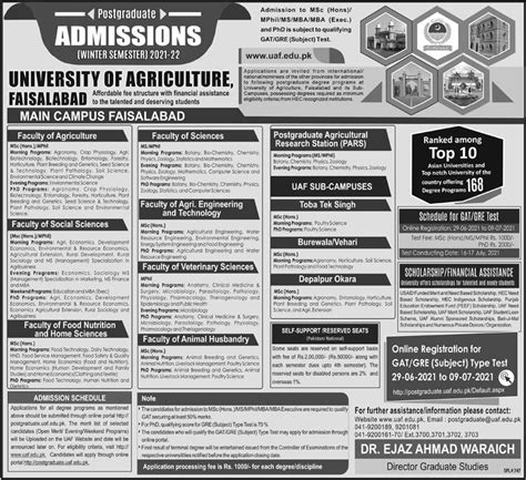 Uaf University Of Agriculture Faisalabad Admission 2021 Last Date Fee