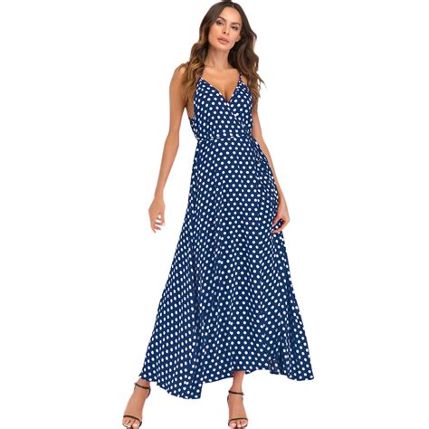 Women Polka Dot Dress Summer Sexy Slip Maxi Dress High Split