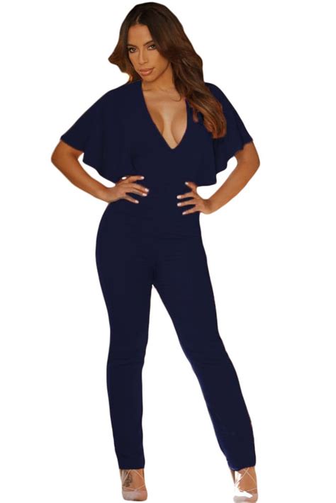V Neck Blue Cape Sleeve Going Out Jumpsuits Online Store For Women Sexy Dresses