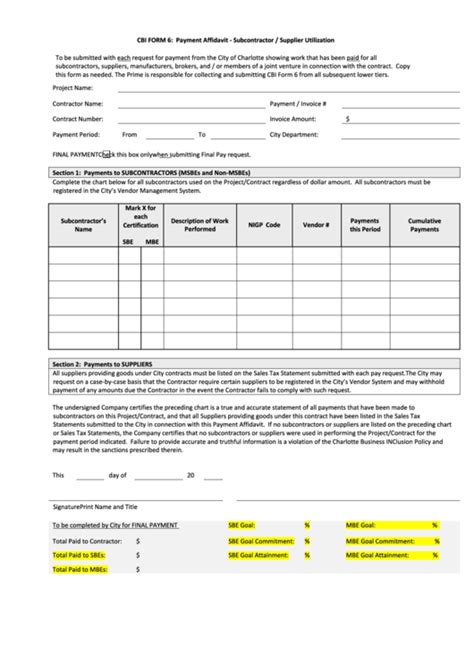 Cbi Form 6 Payment Affidavit Form Subcontractor Supplier