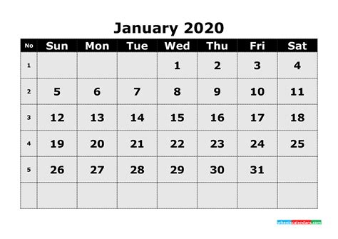 Free Printable January 2020 Calendar Template Word