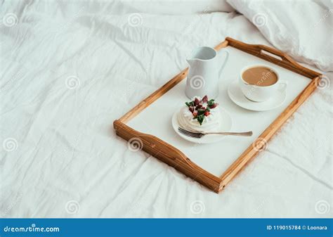 Cozy Home Breakfast In Bed In White Bedroom Interior Stock Photo
