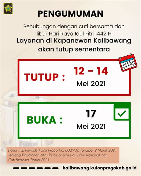 Kalibawang Pengumuman Libur Dan Cuti Bersama Idul Fitri