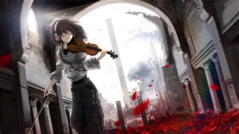 Anime Anime Girls Violin Headphones Rose Leaves Building