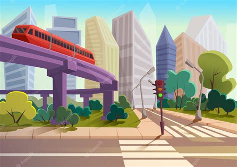 Panorama De La Ciudad Moderna De Dibujos Animados Con Rascacielos De