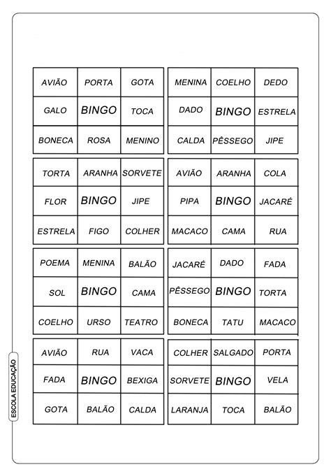 Bingo De Palavras Para Imprimir Escola Educa O