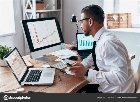 Businessman Office Desk Digital Table Computer Laptops Working Stock