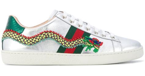 Gucci Ace Dragon Embroidered Sneakers In Metallic Lyst