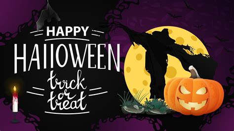 Happy Halloween horizontal greeting banner with Scarecrow and pumpkin Jack against the moon ...