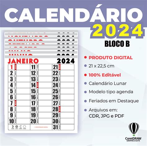 Calendário 2024 Bloco B Editável Corel Draw Elo7