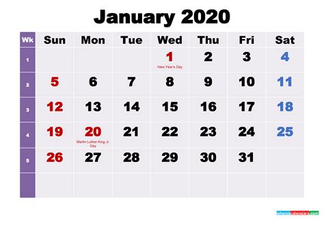 Printable January 2020 Calendar With Holidays Word Pdf