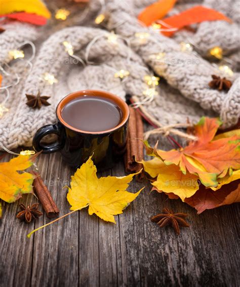 Autumn Composition Fall Leaves Cup Of Coffee And Scarf