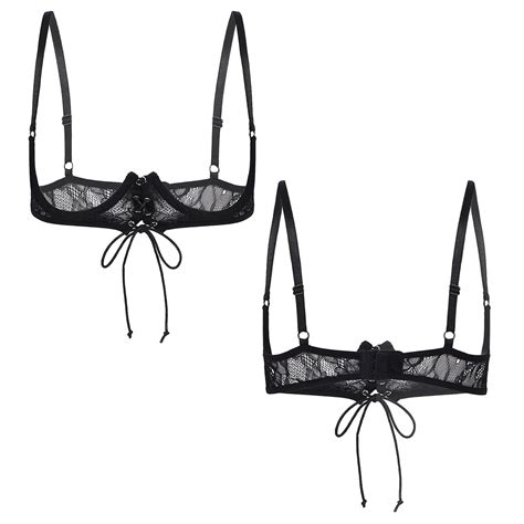 Sexy Women 2pcs See Through Lingerie Set Open Cup Bra Top With