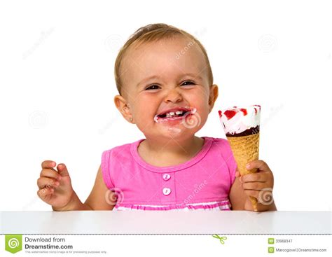 Infants can begin having small amounts of dairy at 6 months, according to parents, but since it is high in sugar, we would recommend waiting until 12 months and only giving it in small portions. Baby eating ice cream stock image. Image of cone, cold ...