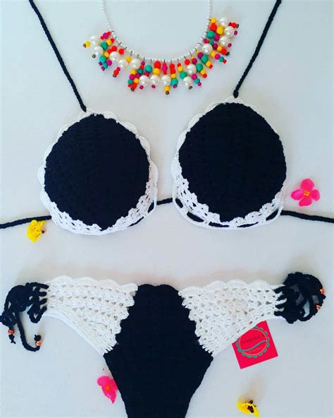 Biquíni conchas preto branco Crochet Necklace Swimwear Fashion