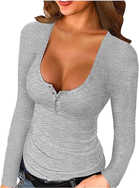 Dasongff Damen Langarmshirt Pullover Mit Knöpfen Sexy Tief V Ausschnitt Blusen Kurzarm Shirts