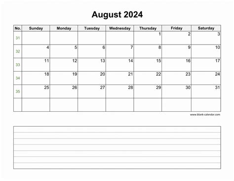 Download August 2024 Blank Calendar With Space For Notes Horizontal