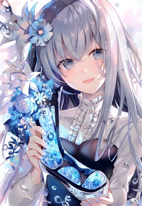 Download 1080x2248 Beautiful Anime Girl Gray Hair Smiling Blue