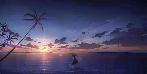 Anime Seascape Sunset Horizon Clouds Dawn Anime Girl Anime Hd