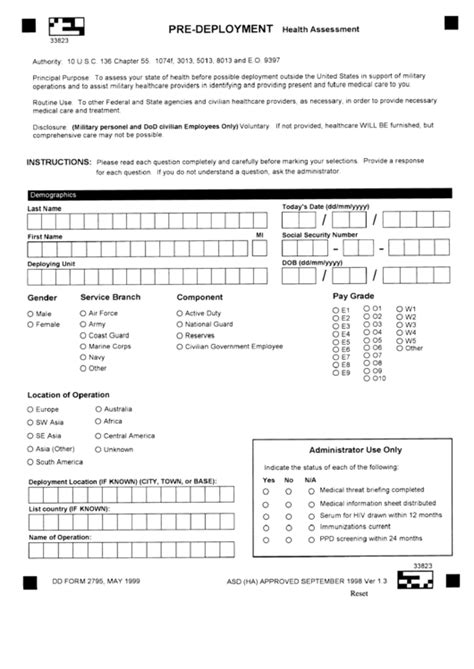 Fillable Dd Form 2795 Pre Deployment Health Assessment Printable Pdf