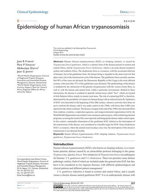 pdf epidemiology of human african trypanosomiasis