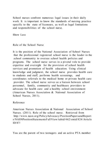School Nurses Confront Numerous Legal Issues In Their Daily Work It Pdf
