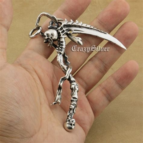 Huge 925 Sterling Silver Grim Reaper Skull Sickle Scythe Biker Pendant