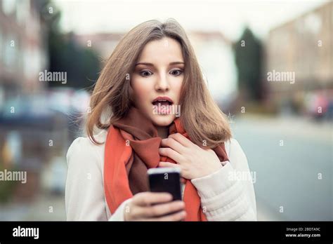 Sms Closeup Portrait Funny Shocked Anxious Scared Young Girl Looking