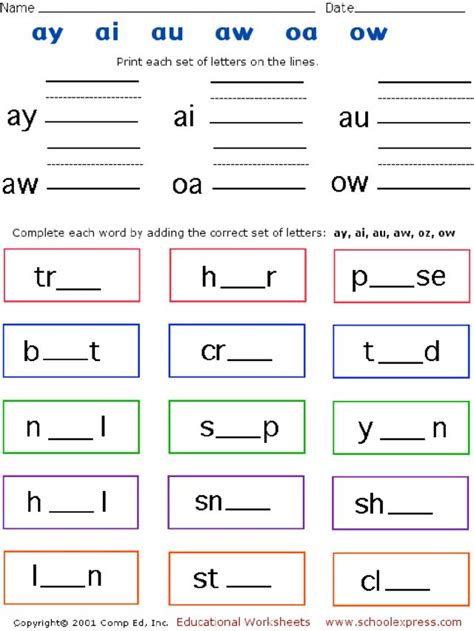 I really think the key to teaching digraphs is picture support. Vowel Digraphs Ay Au Aw Oa Ow Worksheet For 1st 2nd ...