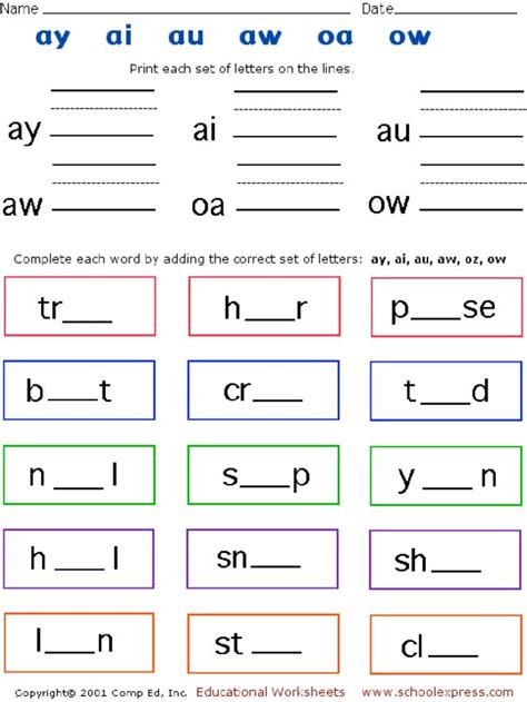Read the words in the box, then write it under. Vowel Digraphs Ay Au Aw Oa Ow Worksheet For 1st 2nd ...