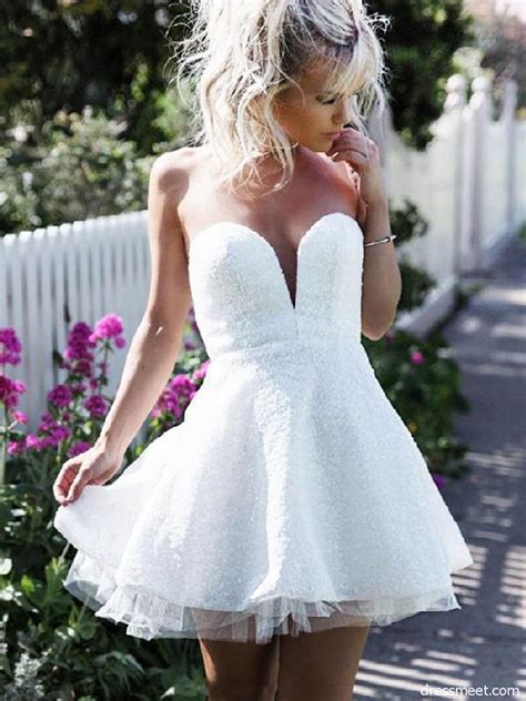 A Line Sweetheart White Lace Short Homecoming Dresses Sparkly Tulle Prom Dresses