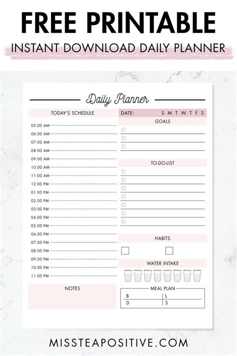 FREE Daily Planner Printable PDF Miss Tea Positive Free Daily