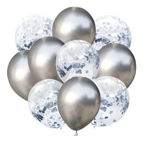 A Set Of Silver Chrome Balloons With Confetti 30 Cm 10 Pieces Latex