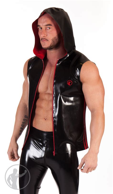 Rubber Sleeveless Hooded Top With Zip Up Front
