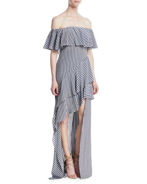 Halston Heritage Off The Shoulder Striped Flounce Gown Neiman Marcus