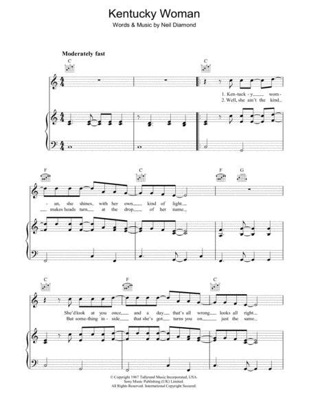 Kentucky Woman By Neil Diamond Digital Sheet Music For Pianovocalguitar Piano Accompaniment
