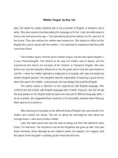 Mother Tongue By Amy Tan Summary