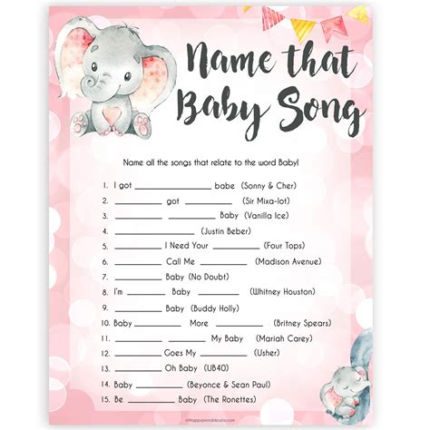I have made baby shower invitations, baby shower games, gift tags, labels, cute cupcake toppers, candy wrappers and many more free printables for your baby shower party. Name That Baby Song - Pink Elephant Printable Baby Shower Games - OhHappyPrintables