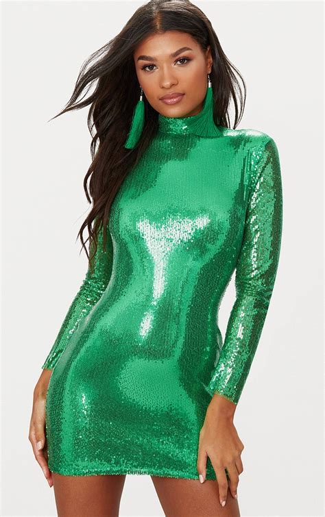 Bright Green Sequin Long Sleeve Bodycon Dress Prettylittlething Aus