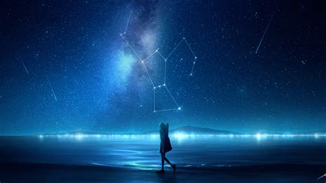 Download 1920x1080 Starry Sky Anime Girl Walking Scenic Moon Night