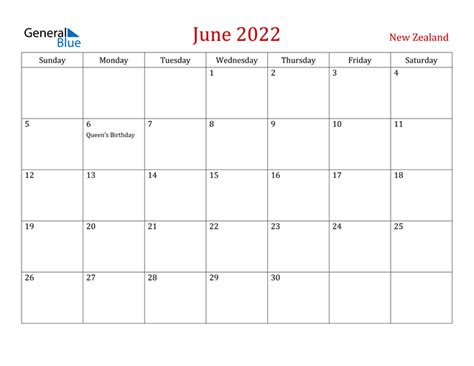 June 2022 Calendar With New Zealand Holidays